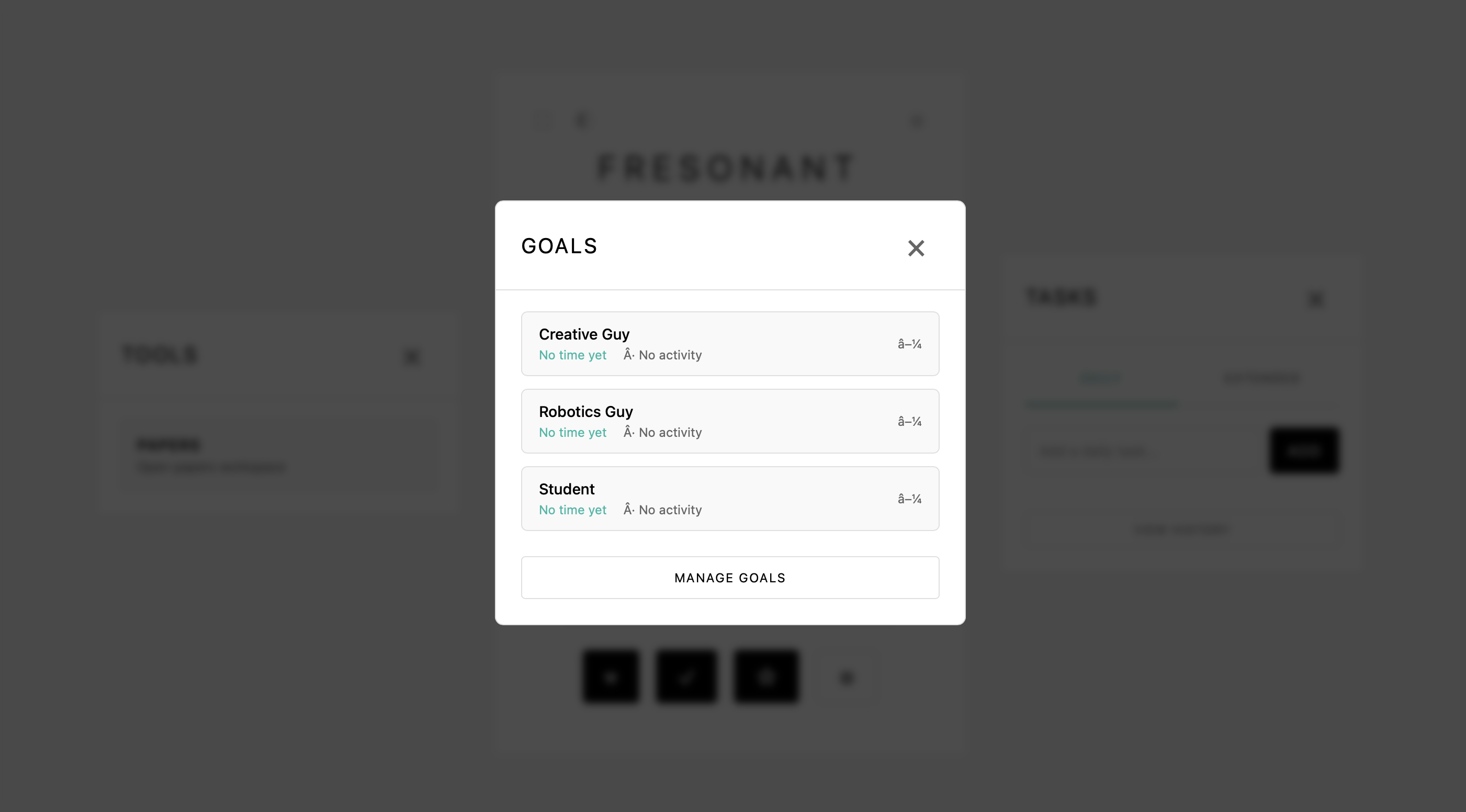 Fresonant goals panel showing tracked goals and activity status.