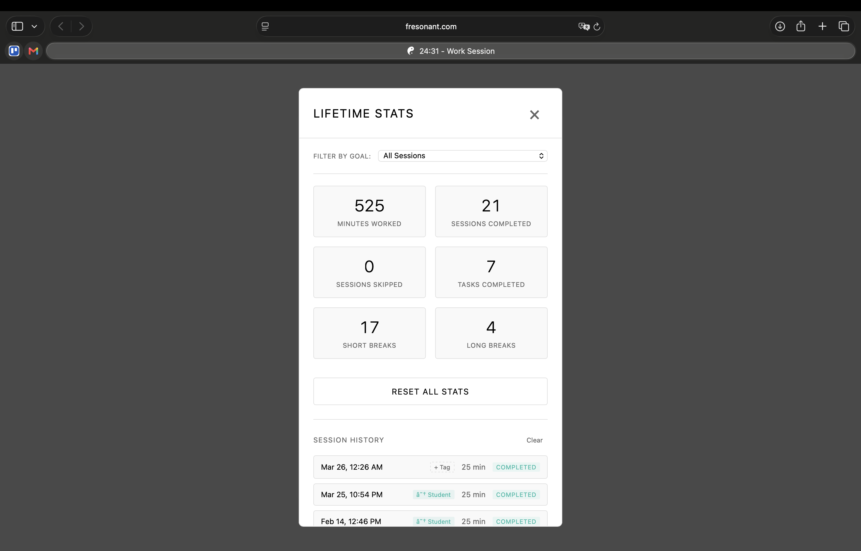 Fresonant lifetime stats panel with session counts, minutes worked, and history.
