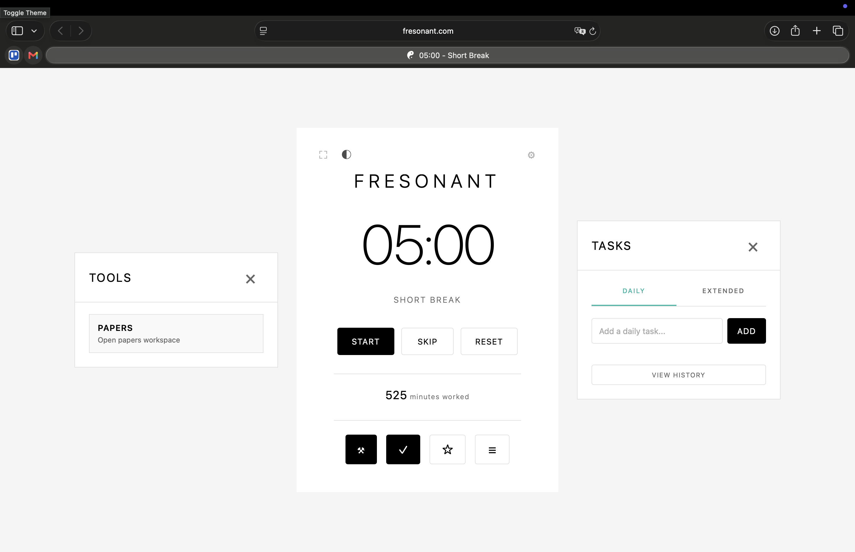 Fresonant timer workspace with tools and tasks panels open.