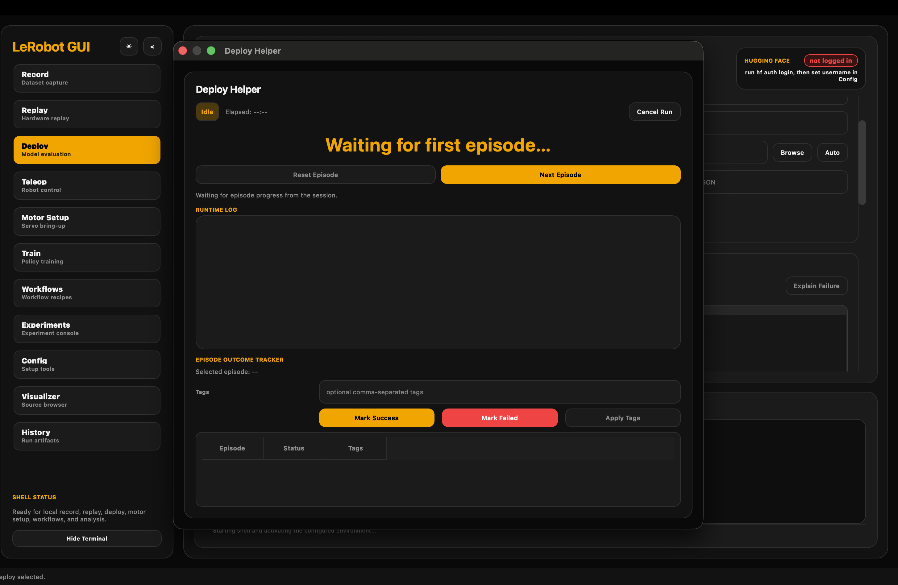 LeRobot GUI deploy helper window with episode controls, runtime log, and outcome tracker.