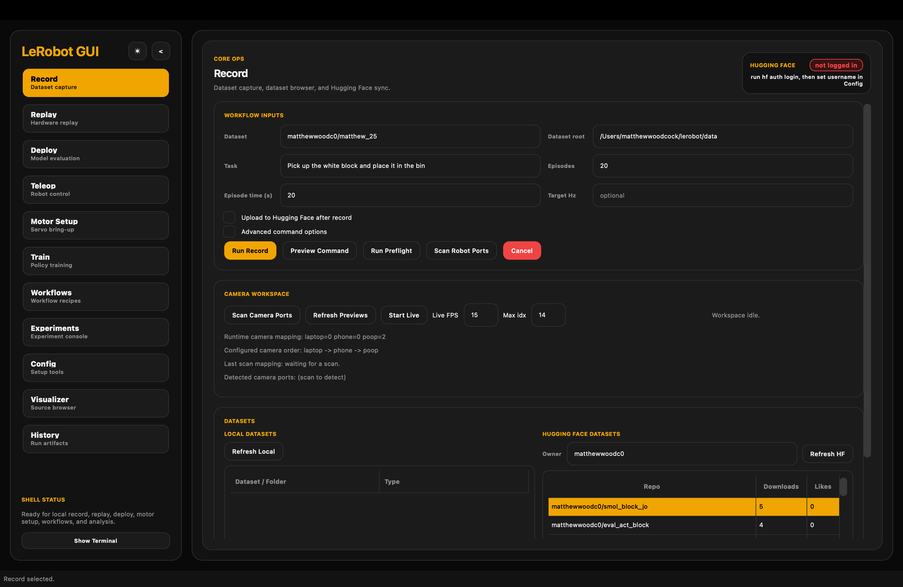 LeRobot GUI record tab with dataset inputs, camera workspace controls, and local Hugging Face dataset browser.