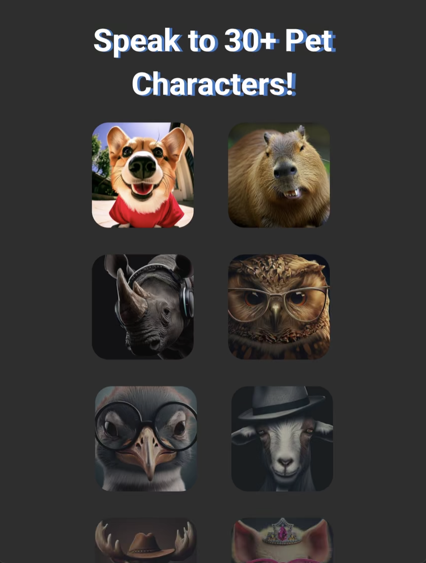 Speak2Pets character gallery showing multiple pet personalities.