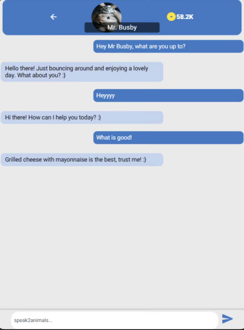 Speak2Pets chat screen with a Mr. Busby animal character conversation.