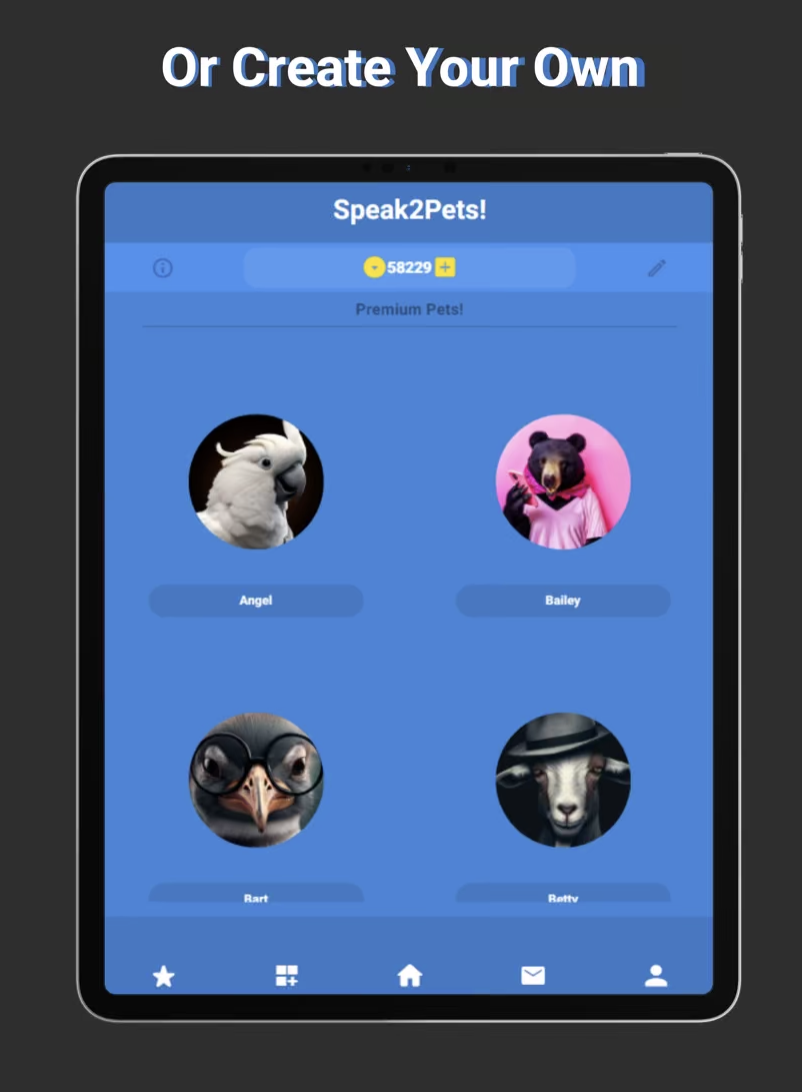 Speak2Pets tablet view showing premium and custom pet character options.